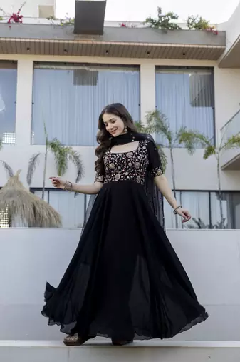 Elegant black georgette anarkali gown with floral embroidered yoke & dupatta
