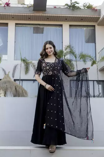 Elegant black georgette anarkali gown with floral embroidered yoke & dupatta