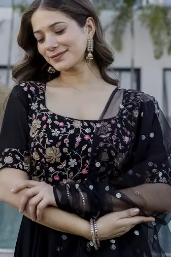 Elegant black georgette anarkali gown with floral embroidered yoke & dupatta