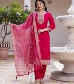 Women's pink viscose embroidered kurta set with dupatta & pant