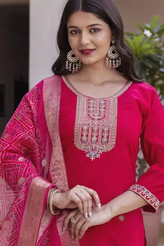 pink viscose embroidered kurta set with dupatta & pant