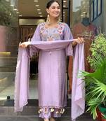 Elegant lavender chanderi  kurta pant set with floral embroidery & dupatta