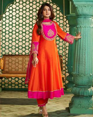  orange chanderi cotton kurta set with embroidery & dupatta 1