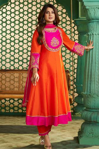 Elegant orange chanderi cotton kurta set with  embroidery & dupatta