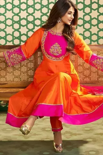 Elegant orange chanderi cotton kurta set with  embroidery & dupatta