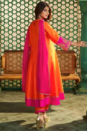 Elegant orange chanderi cotton kurta set with  embroidery & dupatta