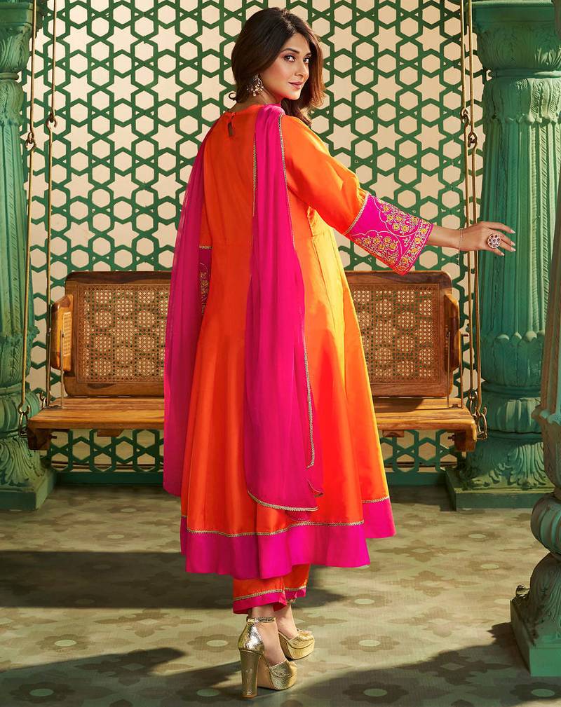 Elegant orange chanderi cotton kurta set with  embroidery & dupatta