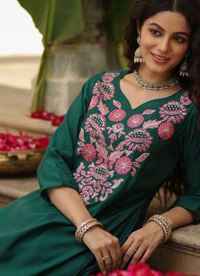 Stylish dark green viscose rayon embroidered kurta set with dupatta & pant 4