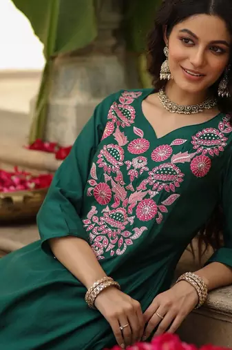 Stylish dark green viscose rayon embroidered kurta set with dupatta & pant