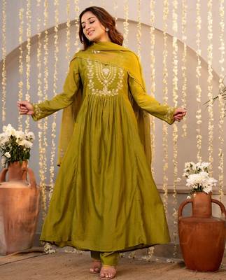  olive green anarkali type kurta set with dupatta & pant 1