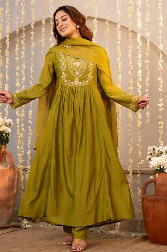 Graceful olive green anarkali type kurta set with dupatta & pant