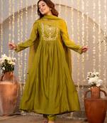 Graceful olive green anarkali type kurta set with dupatta & pant