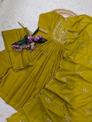 olive green anarkali type kurta set with dupatta & pant 2