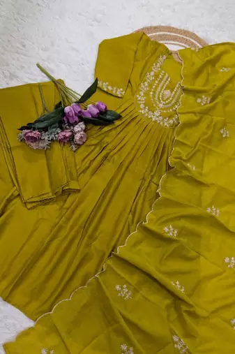  olive green anarkali type kurta set with dupatta & pant