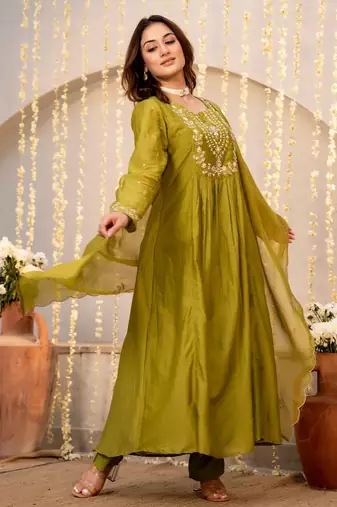 Graceful olive green anarkali type kurta set with dupatta & pant