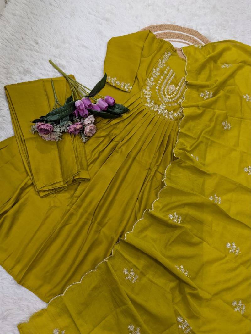  olive green anarkali type kurta set with dupatta & pant