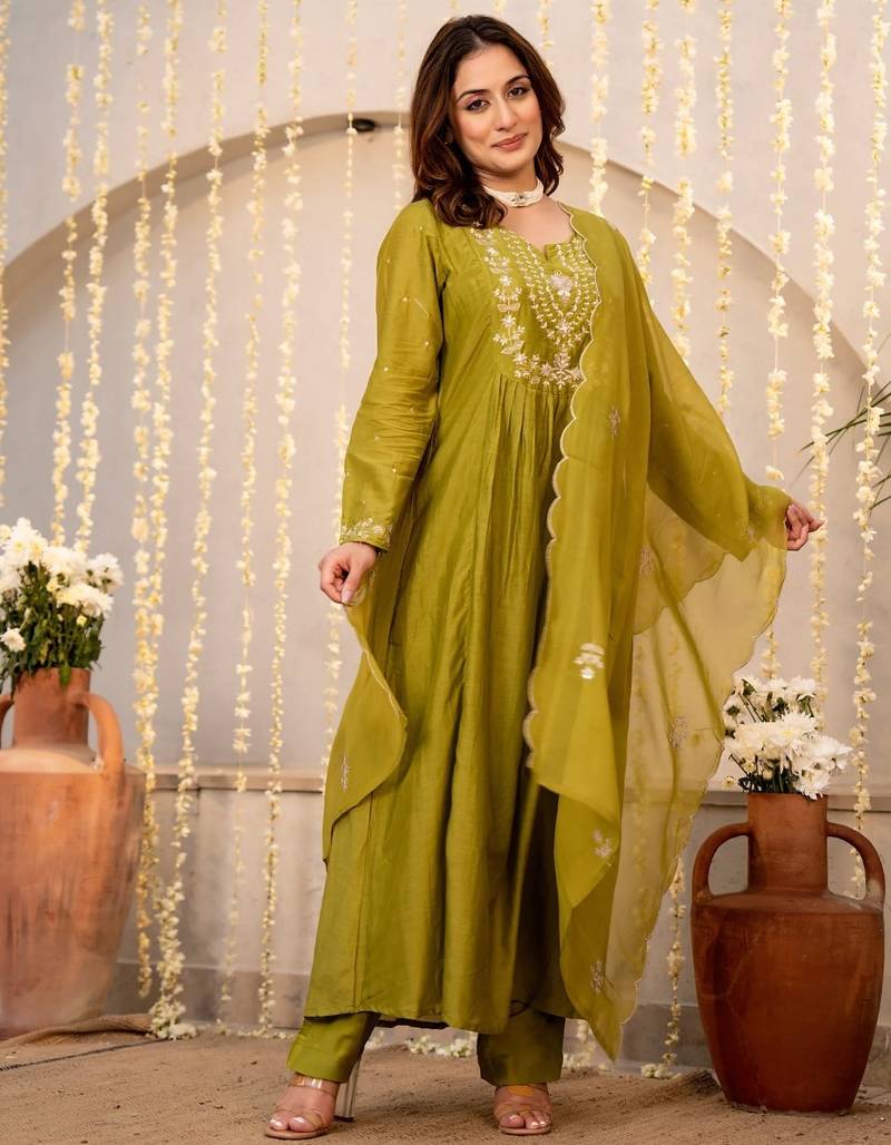 Graceful olive green anarkali type kurta set with dupatta & pant