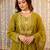 Graceful olive green anarkali type kurta set with dupatta & pant