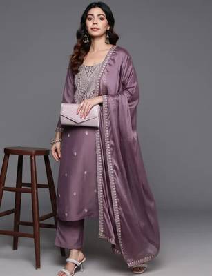  mauve viscose embroidered kurta set with dupatta for women 1