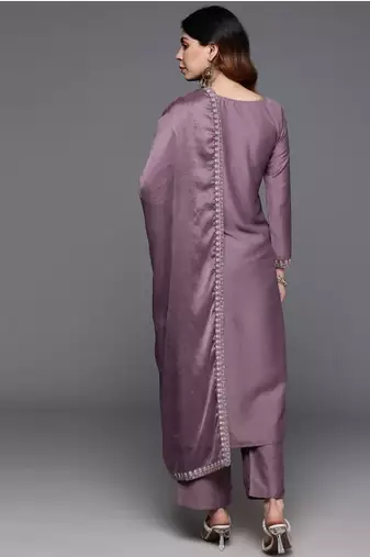  mauve viscose embroidered kurta set with dupatta for women