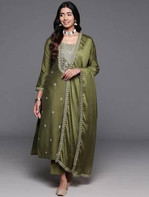 Stylish olive green viscose  embroidered kurta set with dupatta & pant 1