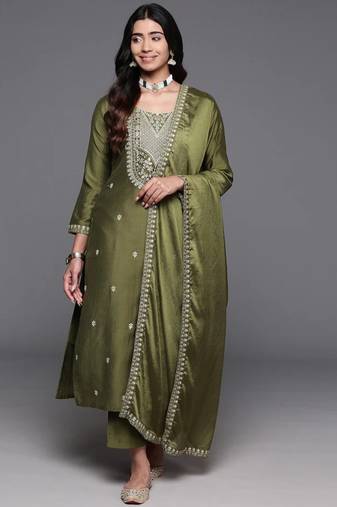 Stylish olive green viscose  embroidered kurta set with dupatta & pant