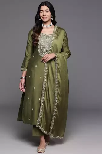 Stylish olive green viscose  embroidered kurta set with dupatta & pant