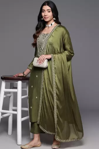 Stylish olive green viscose  embroidered kurta set with dupatta & pant