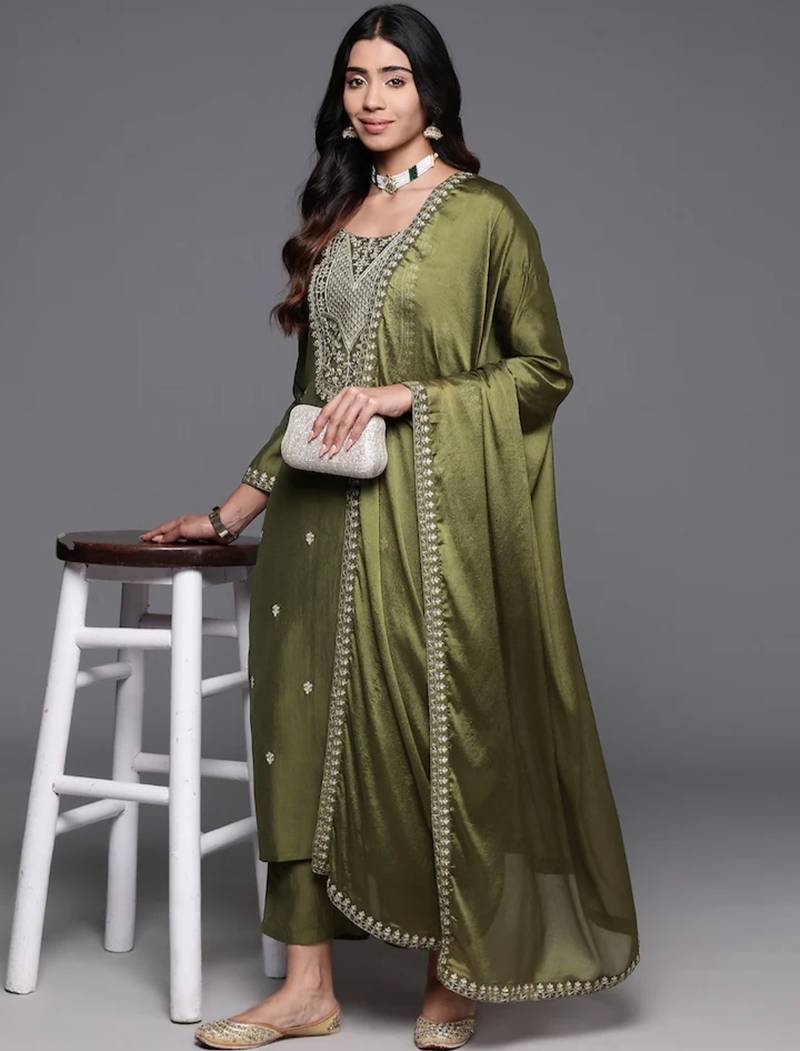 Stylish olive green viscose  embroidered kurta set with dupatta & pant