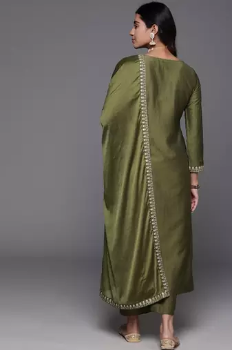 Stylish olive green viscose  embroidered kurta set with dupatta & pant