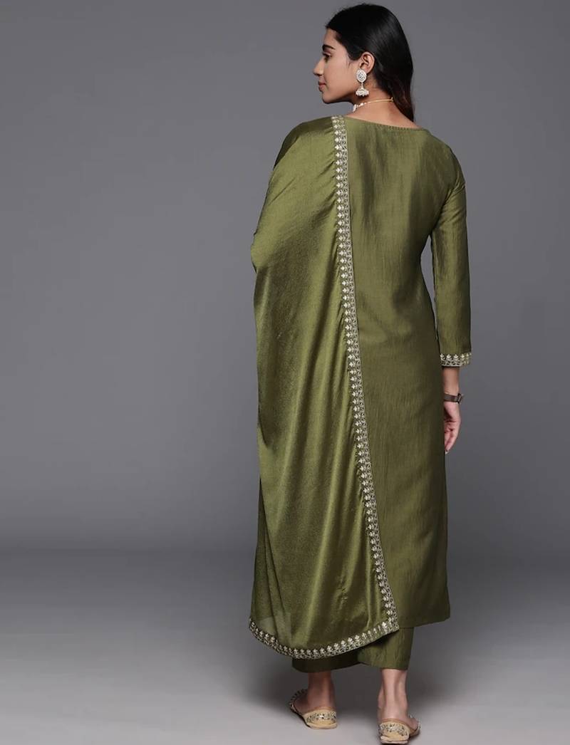 Stylish olive green viscose  embroidered kurta set with dupatta & pant