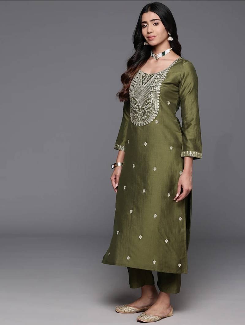 Stylish olive green viscose  embroidered kurta set with dupatta & pant