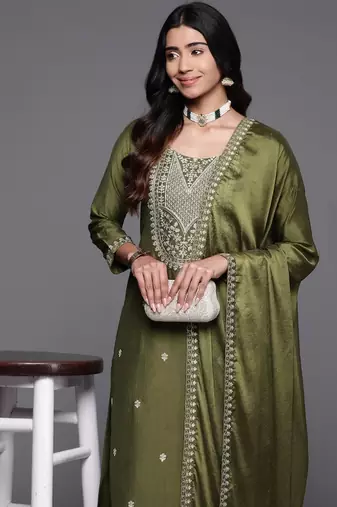 Stylish olive green viscose  embroidered kurta set with dupatta & pant