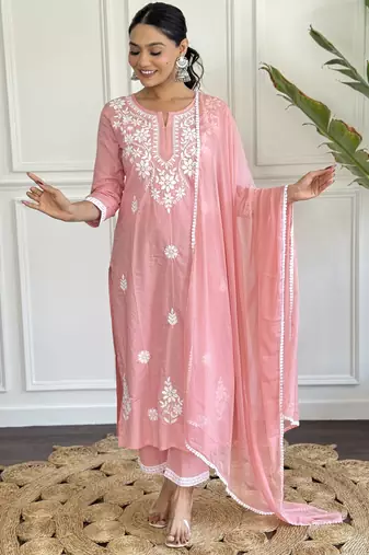 Graceful cotton peach straight embroidered kurta set with dupatta & pant