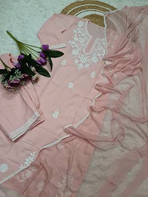 Cotton Peach Embroidered Kurta Set Dupatta Pant Plus 2