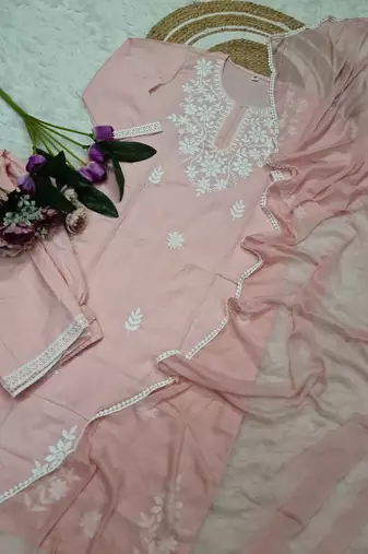 Cotton Peach Embroidered Kurta Set Dupatta Pant Plus