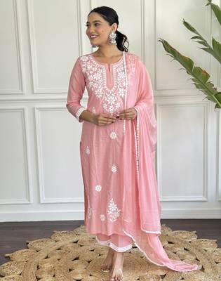  cotton peach straight embroidered kurta set with dupatta & pant 2