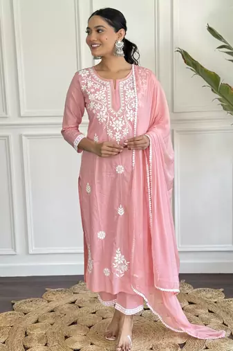 Graceful cotton peach straight embroidered kurta set with dupatta & pant