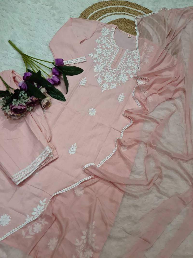 Cotton Peach Embroidered Kurta Set Dupatta Pant Plus