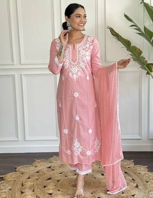  cotton peach straight embroidered kurta set with dupatta & pant 3