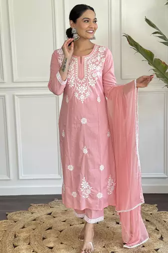 Graceful cotton peach straight embroidered kurta set with dupatta & pant