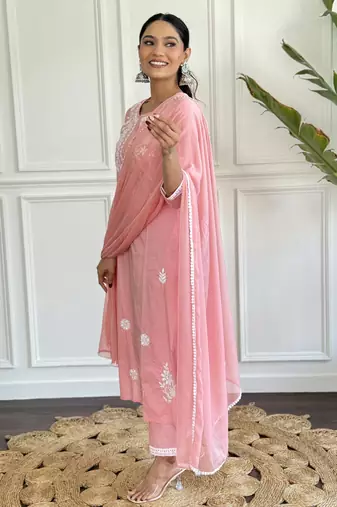 Graceful cotton peach straight embroidered kurta set with dupatta & pant