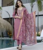 Women's pink chanderi straight kurta set with dupatta & pant