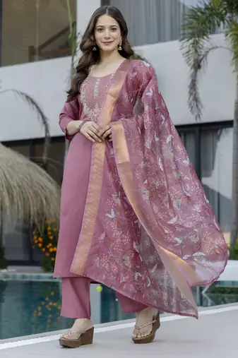 Women's pink chanderi straight kurta set with dupatta & pant