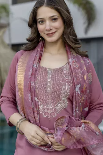 Women's pink chanderi straight kurta set with dupatta & pant