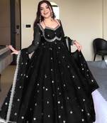 Elegant stylish black georgette embroidered anarkali style kurta set with dupatta & pant