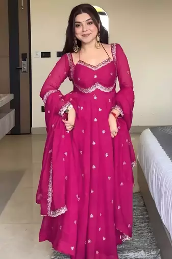 Elegant stylish pink georgette embroidered anarkali style kurta set with dupatta & pant