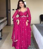 Elegant stylish pink georgette embroidered anarkali style kurta set with dupatta & pant