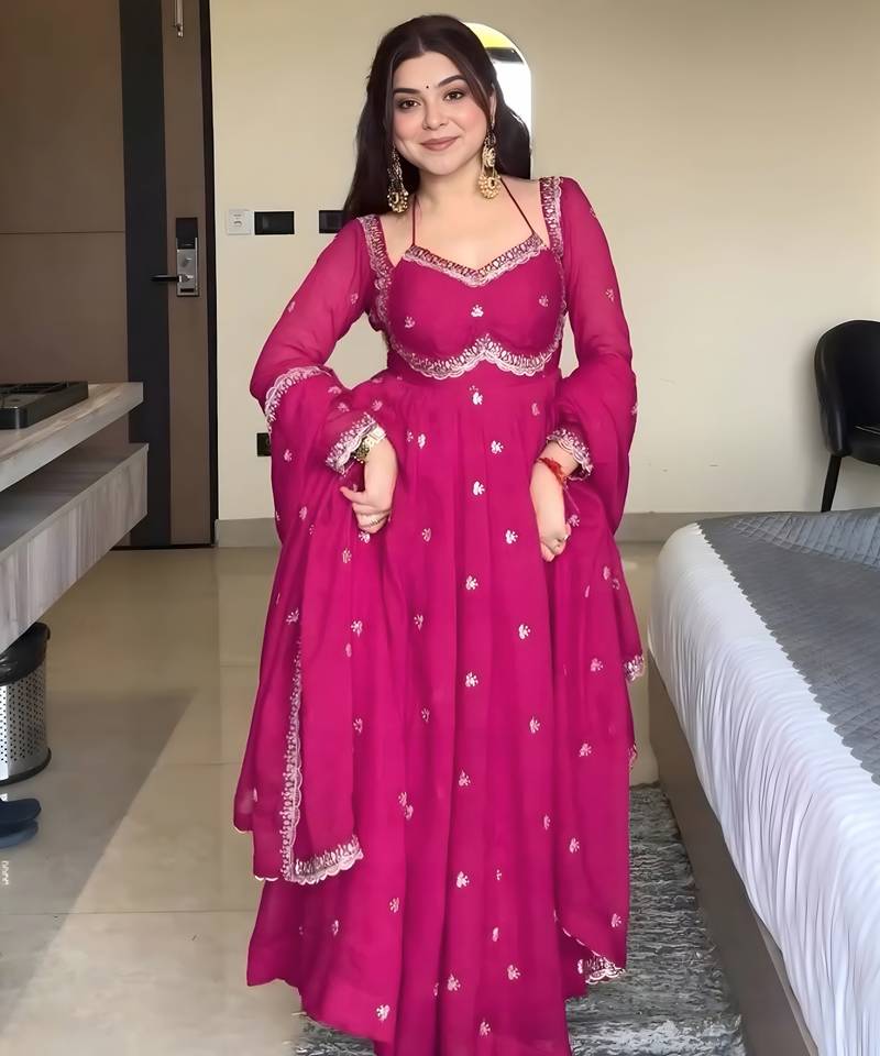 Elegant stylish pink georgette embroidered anarkali style kurta set with dupatta & pant