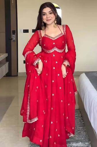 Elegant stylish red georgette embroidered anarkali style kurta set with dupatta & pant